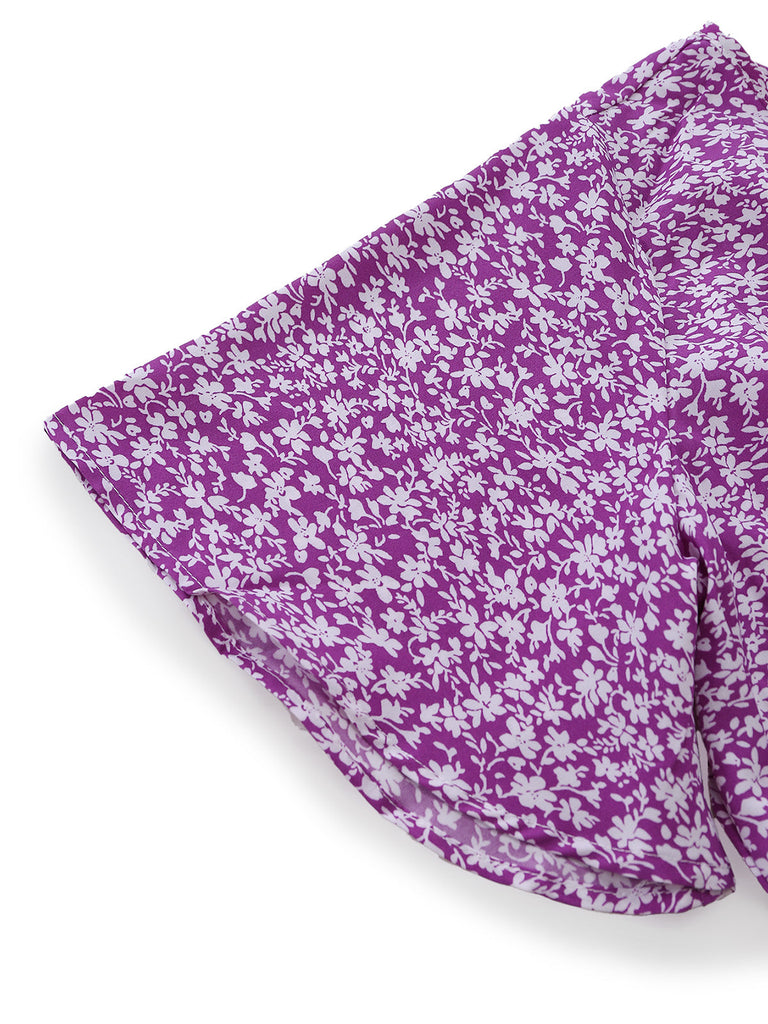 Abito a Piccoli Fiori Floreale Short Sleeves Fitted Midi - Viola Anni '40 7