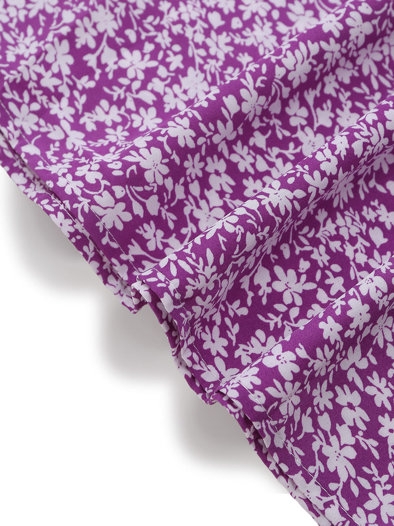 Abito a Piccoli Fiori Floreale Short Sleeves Fitted Midi - Viola Anni '40 6