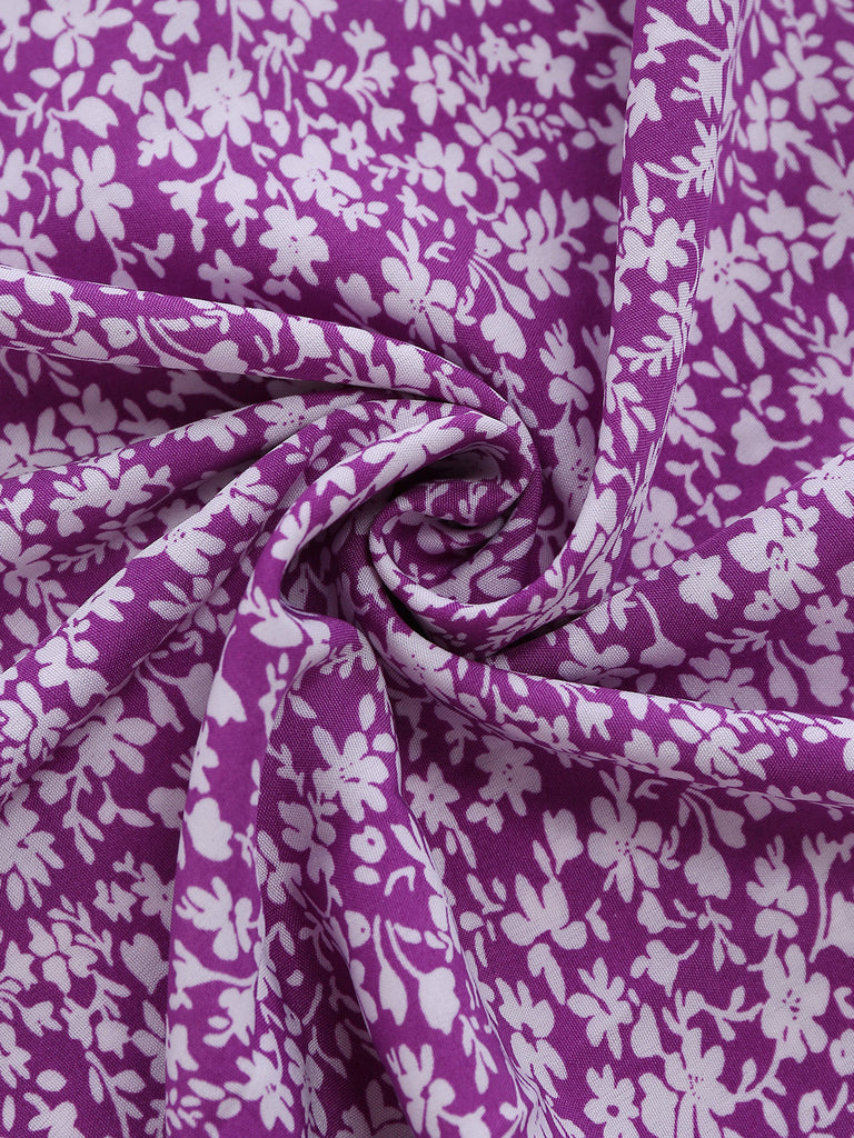 Abito a Piccoli Fiori Floreale Short Sleeves Fitted Midi - Viola Anni '40 4