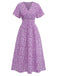Abito a Piccoli Fiori Floreale Short Sleeves Fitted Midi - Viola Anni '40 2