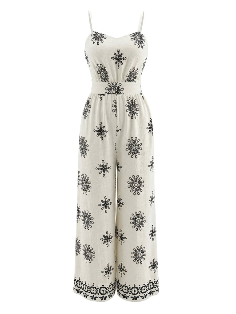 Tuta Lunga Bohemien con Spalline Sottili Arricciata Bianco Anni '70 2