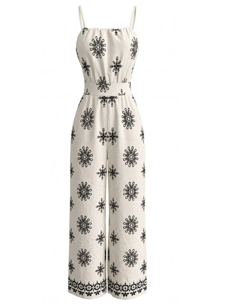 Tuta Lunga Bianco Anni '70 Bohemien con Spalline Sottili Arricciata