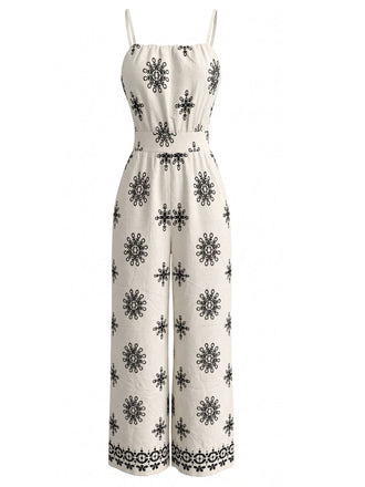 Tuta Lunga Bianco Anni '70 Bohemien con Spalline Sottili Arricciata