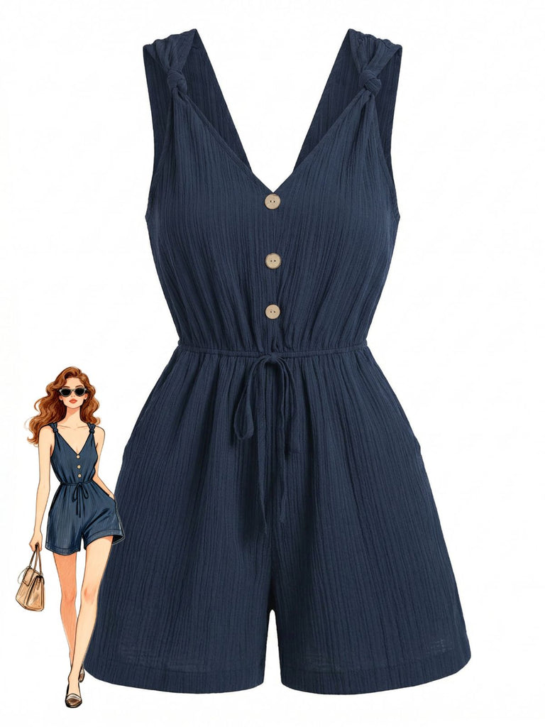 Tuta Corta con Scollo a V con Spalline Annodate e Bottoni Blu Anni '50