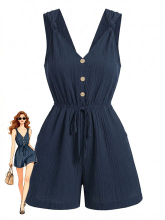 Tuta Corta con Scollo a V con Spalline Annodate e Bottoni Blu Anni '50
