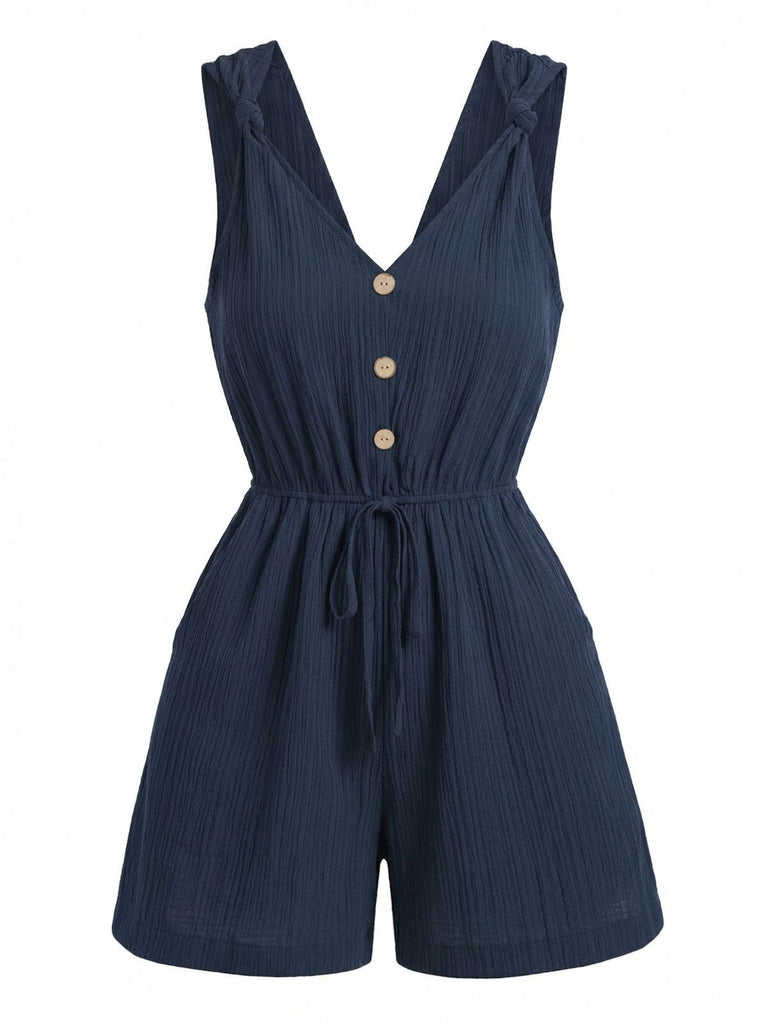 Tuta Corta con Scollo a V con Spalline Annodate e Bottoni Blu Anni '50 2