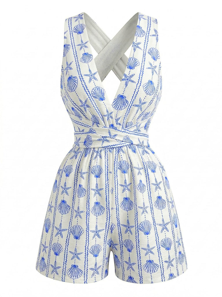 Pagliaccetto Blu con Stampa Conchiglie e Scollo a V Anni '50 2