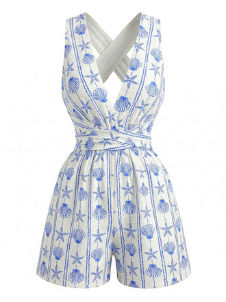 Pagliaccetto Blu con Stampa Conchiglie e Scollo a V Anni '50 2