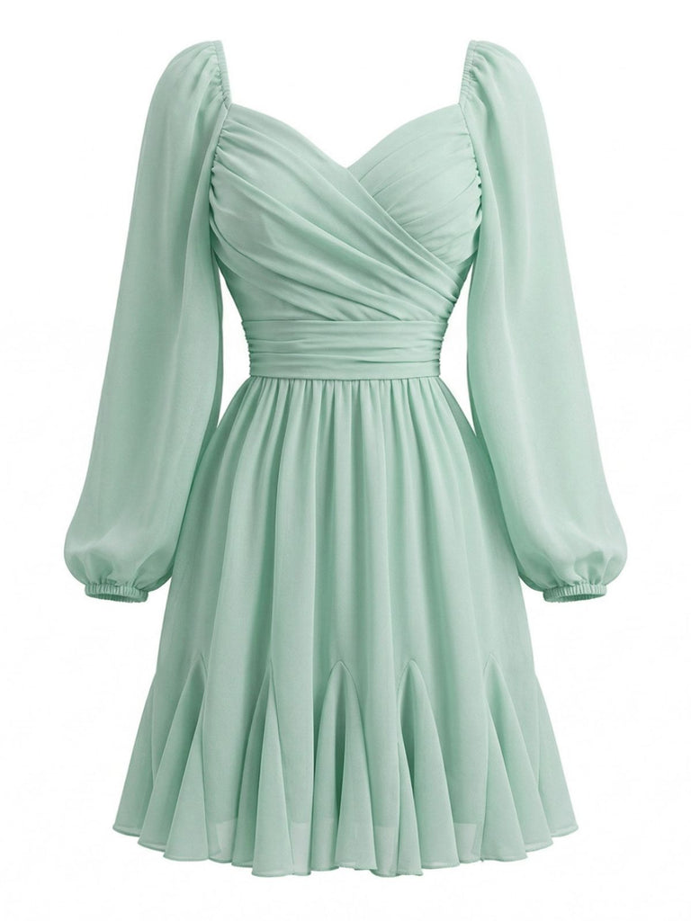 Abito Verde Chiaro in Chiffon con Manica a Lanterna e Volant Anni '50 2