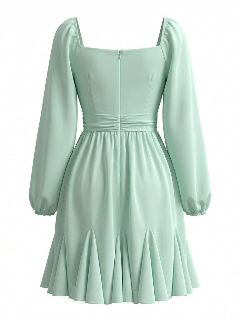 Abito Verde Chiaro in Chiffon con Manica a Lanterna e Volant Anni '50 3