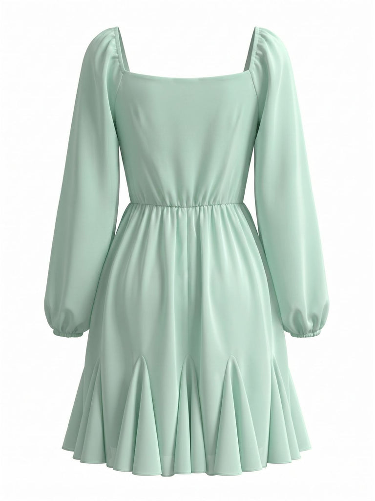 Abito Verde Chiaro Anni '50 in Chiffon con Manica a Lanterna e Volant