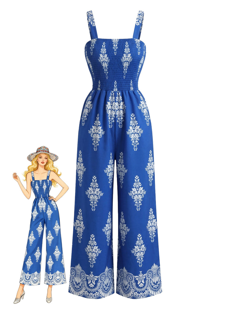 Tuta Lunga Boho Floreale con Gonna Ampia Arricciata Anni '70