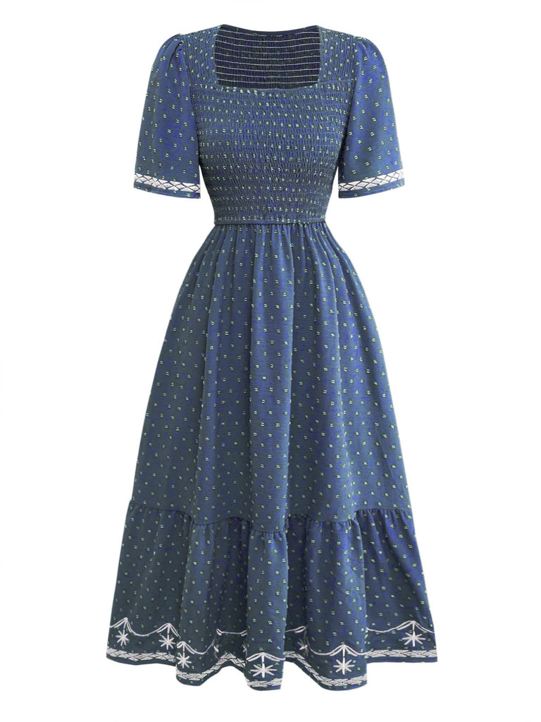 Abito Smock Anni '40 Ricamo Jacquard con Scollo Quadrato