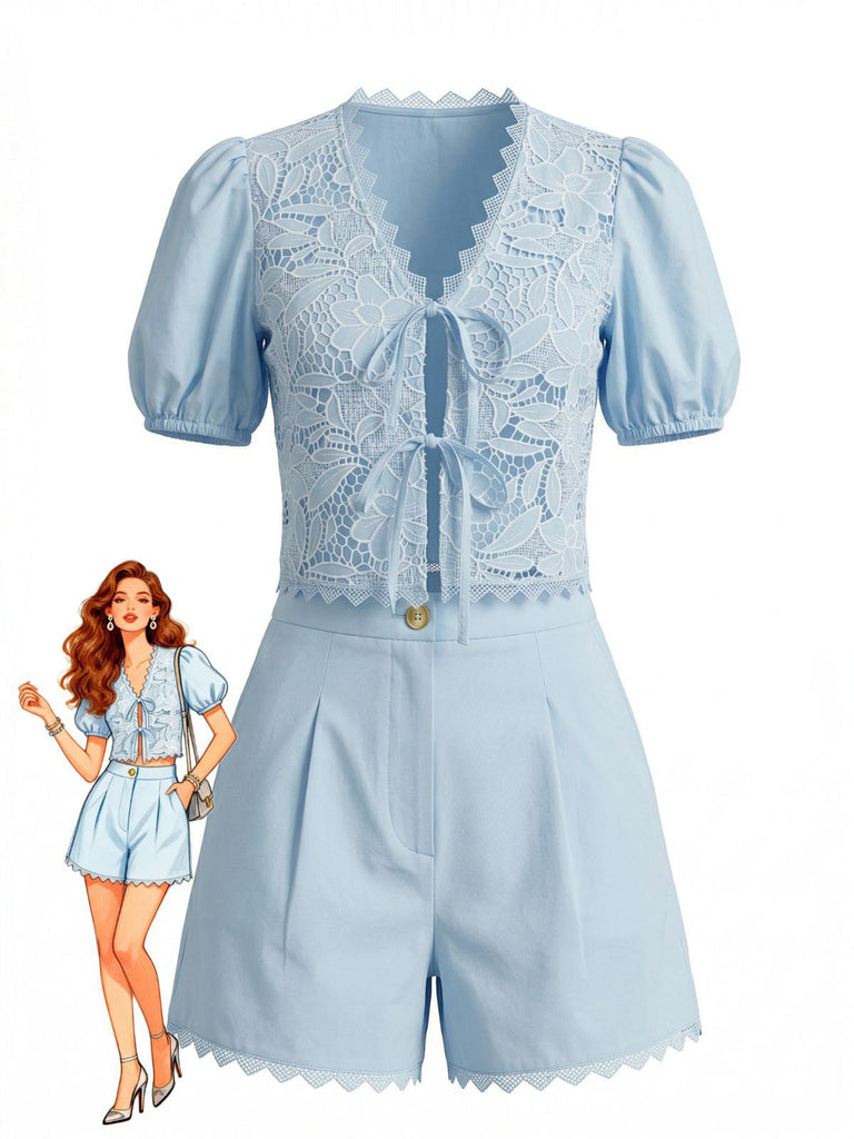 Set 2PCS Top con Maniche a Sbuffo in Cotone e Pizzo con Allacciatura e Shorts Anni '50