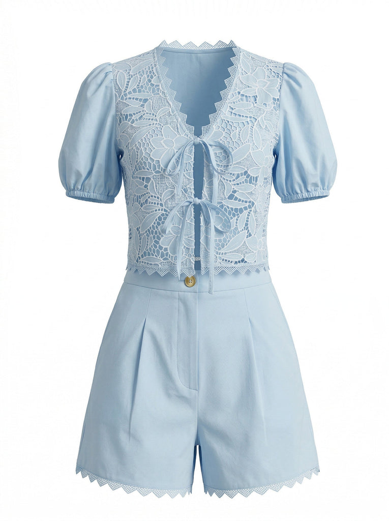 Set 2PCS Top con Maniche a Sbuffo in Cotone e Pizzo con Allacciatura e Shorts Anni '50 2