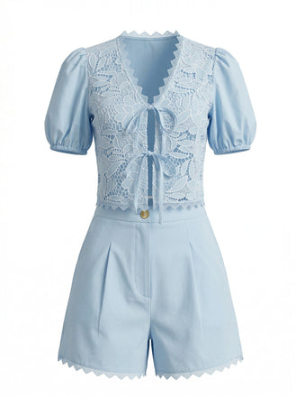 Set 2PCS Top con Maniche a Sbuffo in Cotone e Pizzo con Allacciatura e Shorts Anni '50 2