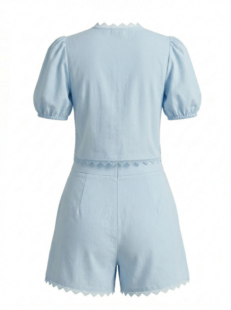 Set 2PCS Top con Maniche a Sbuffo in Cotone e Pizzo con Allacciatura e Shorts Anni '50 3