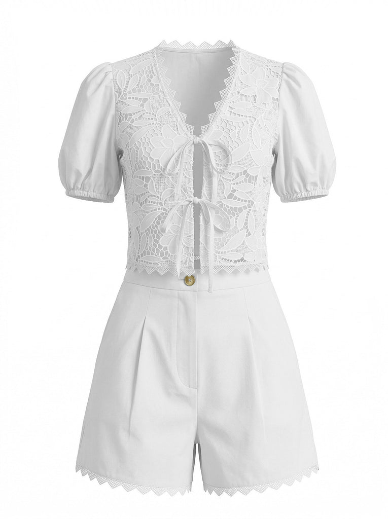 Set 2PCS Top con Maniche a Sbuffo in Cotone e Pizzo con Allacciatura e Shorts Anni '50 4