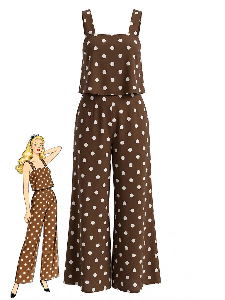 Tuta Lunga a Pois Wide-Strap Gamba Larga - Marrone Anni '30