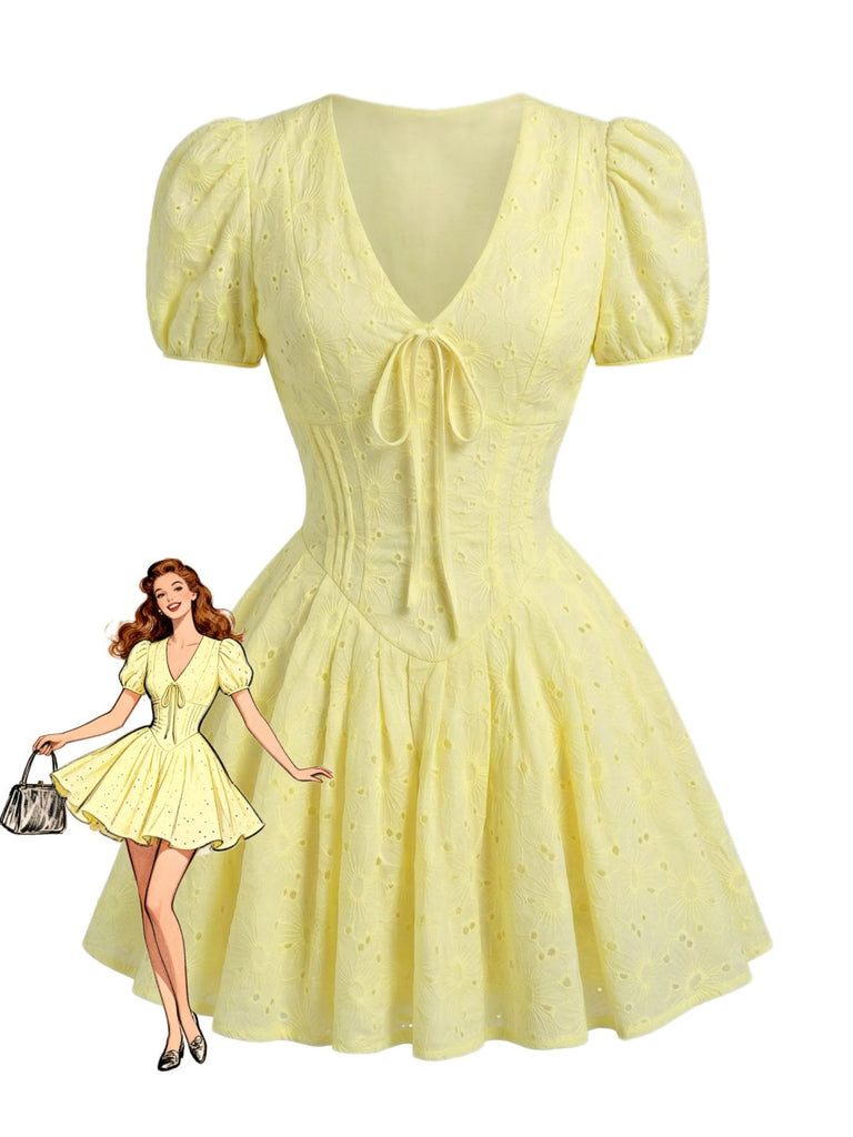 Mini Abito con Maniche a Sbuffo e Scollo a V Ricamato in Cotone Giallo Anni '60