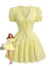 Mini Abito con Maniche a Sbuffo e Scollo a V Ricamato in Cotone Giallo Anni '60
