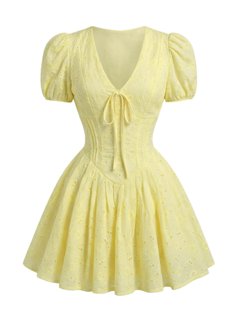 Mini Abito con Maniche a Sbuffo e Scollo a V Ricamato in Cotone Giallo Anni '60 2