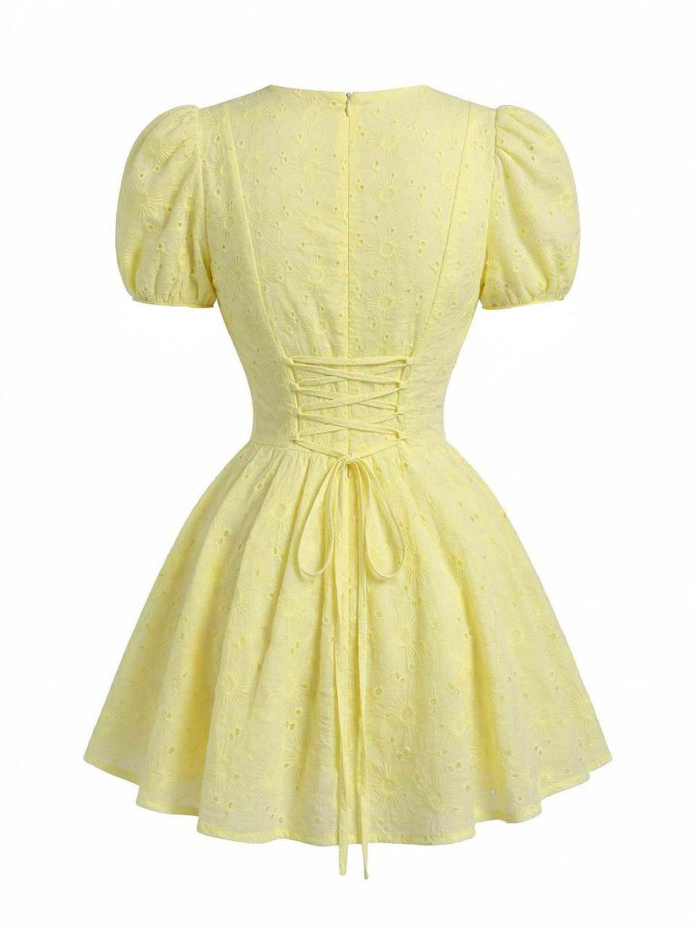 Mini Abito con Maniche a Sbuffo e Scollo a V Ricamato in Cotone Giallo Anni '60 5