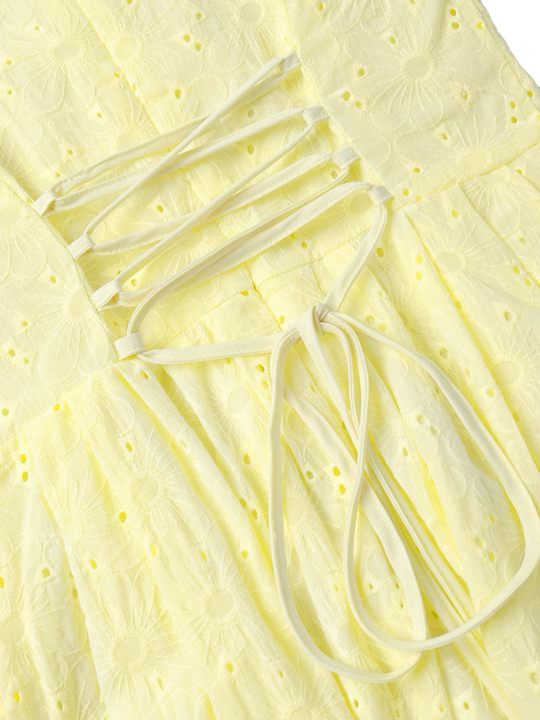 Mini Abito con Maniche a Sbuffo e Scollo a V Ricamato in Cotone Giallo Anni '60 6