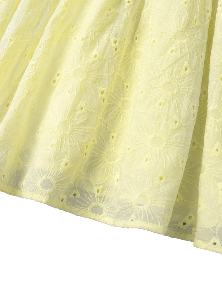 Mini Abito con Maniche a Sbuffo e Scollo a V Ricamato in Cotone Giallo Anni '60 9