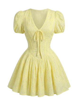 Mini Abito Giallo Anni '60 in Cotone Ricamato con Maniche a Sbuffo