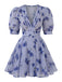 Abito Blu Floreale con Scollo a V e Manica a Sbuffo Vita Alta Anni '50