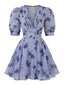 Abito Blu Anni '50 Floreale con Scollo a V e Manica a Sbuffo