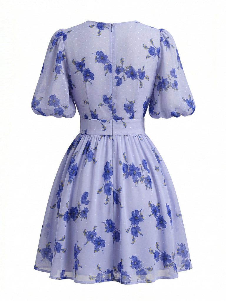 Abito Blu Floreale con Scollo a V e Manica a Sbuffo Vita Alta Anni '50 3