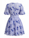 Abito Blu Floreale con Scollo a V e Manica a Sbuffo Vita Alta Anni '50 3