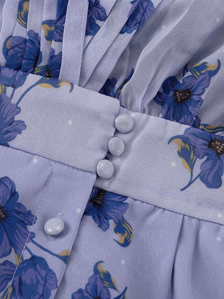 Abito Blu Floreale con Scollo a V e Manica a Sbuffo Vita Alta Anni '50 5