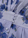 Abito Blu Floreale con Scollo a V e Manica a Sbuffo Vita Alta Anni '50 5
