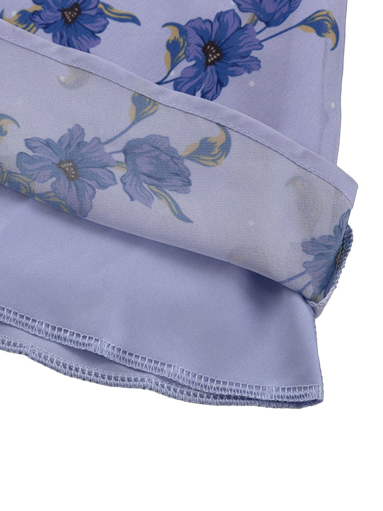 Abito Blu Floreale con Scollo a V e Manica a Sbuffo Vita Alta Anni '50 6