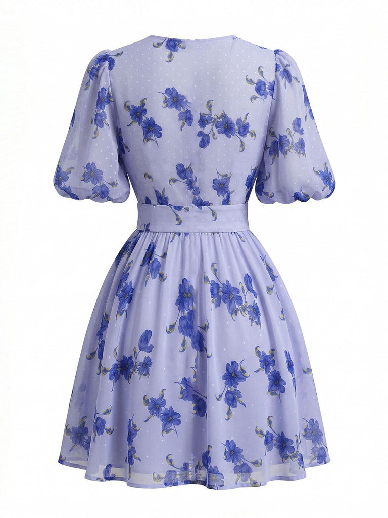 Abito Blu Anni '50 Floreale con Scollo a V e Manica a Sbuffo