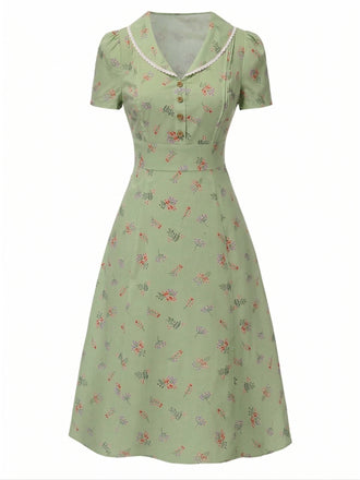 Abito floreale maniche a sbuffo puro cotone beige anni '40