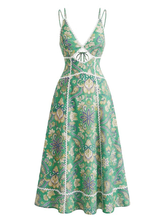 Abito Bohemien Paisley Floreale con Cut-Out Schiena Scoperta Midi - Verde Anni '70