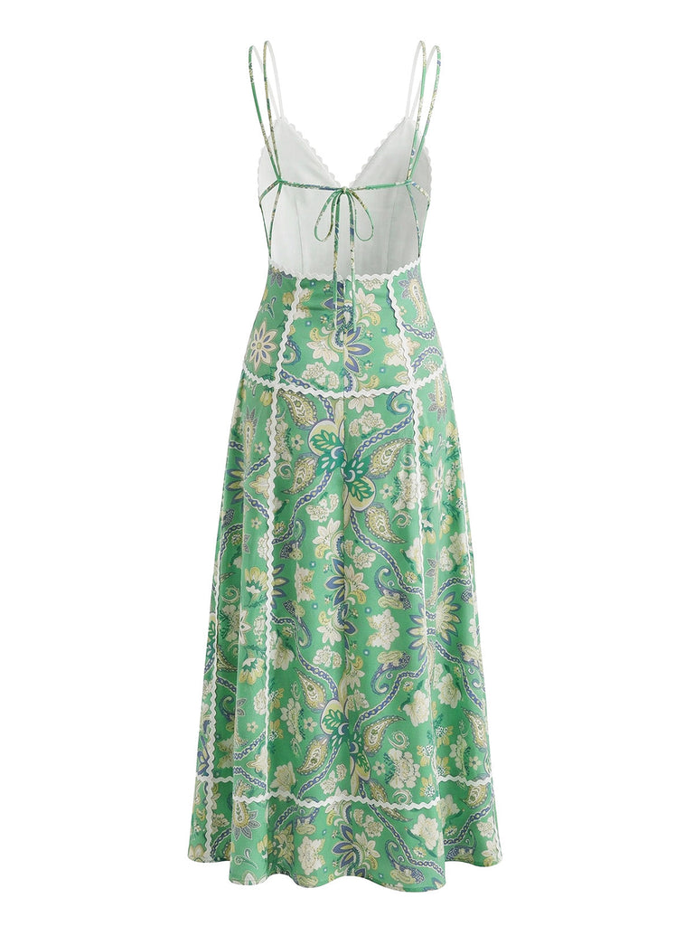 Abito Bohemien Paisley Floreale con Cut-Out Schiena Scoperta Midi - Verde Anni '70 2
