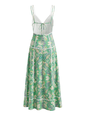 Abito Bohemien Paisley Floreale con Cut-Out Schiena Scoperta Midi - Verde Anni '70 2