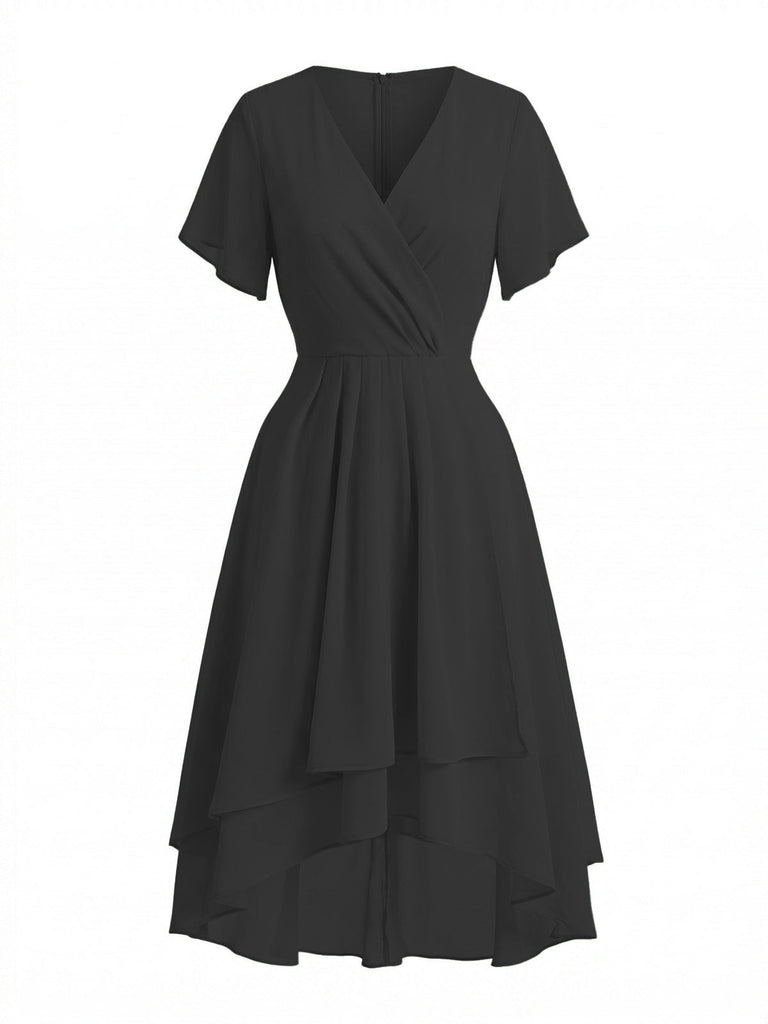 Abito Solid Scollo a V con Volant Sleeve in Chiffon Asymmetrical Anni '50 6
