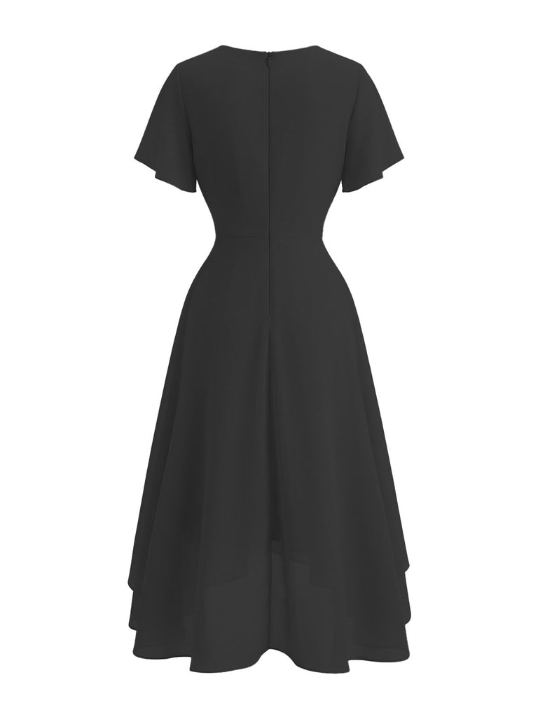 Abito Solid Scollo a V con Volant Sleeve in Chiffon Asymmetrical Anni '50 7