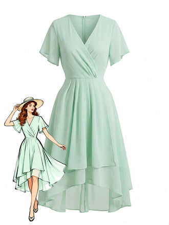 Abito Solid Scollo a V con Volant Sleeve in Chiffon Asymmetrical Anni '50