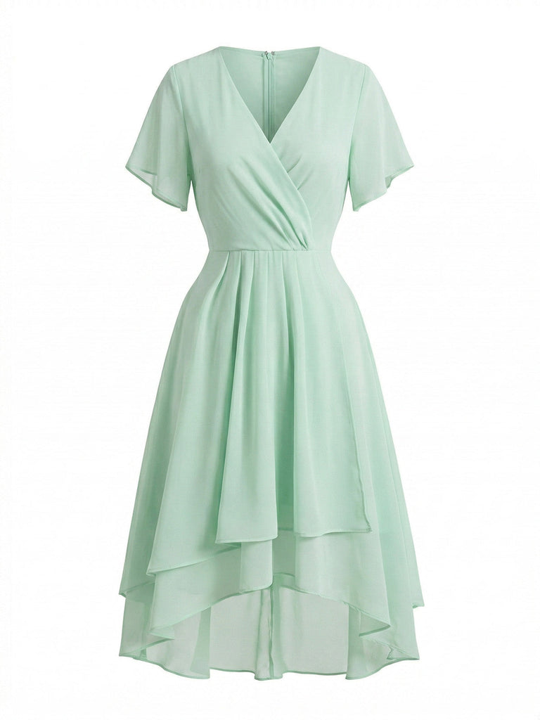 Abito Solid Scollo a V con Volant Sleeve in Chiffon Asymmetrical Anni '50 2