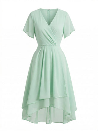 Abito Solid Scollo a V con Volant Sleeve in Chiffon Asymmetrical Anni '50 2