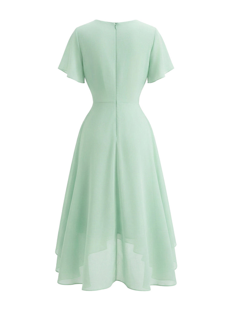 Abito Solid Scollo a V con Volant Sleeve in Chiffon Asymmetrical Anni '50 3