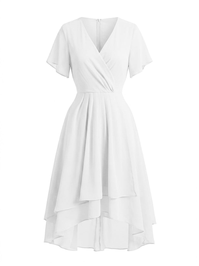 Abito Solid Scollo a V con Volant Sleeve in Chiffon Asymmetrical Anni '50 4