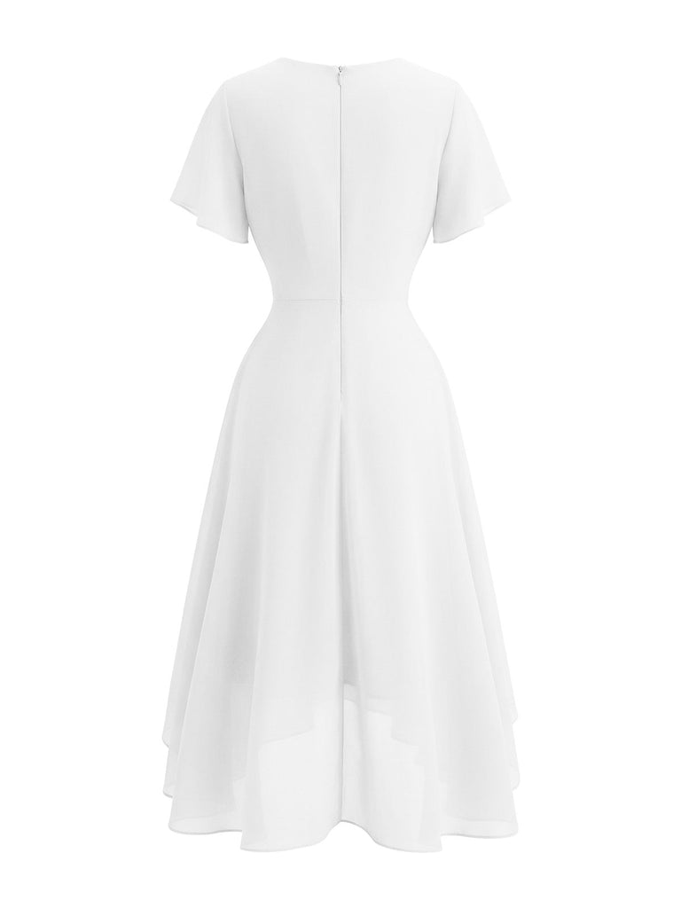 Abito Solid Scollo a V con Volant Sleeve in Chiffon Asymmetrical Anni '50 5